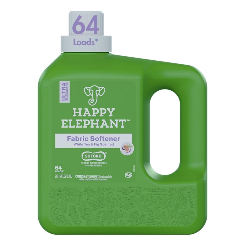 Happy Elephant Fabric Softener, White Tea & Fig Scent, Natural Biodegradable Liquid Fabric Softener, Plant Based, Softens Clothes & Reduces Static, Gentle on Skin, HE Compatible, 64 Fl Oz, 1 Pack - Image 1